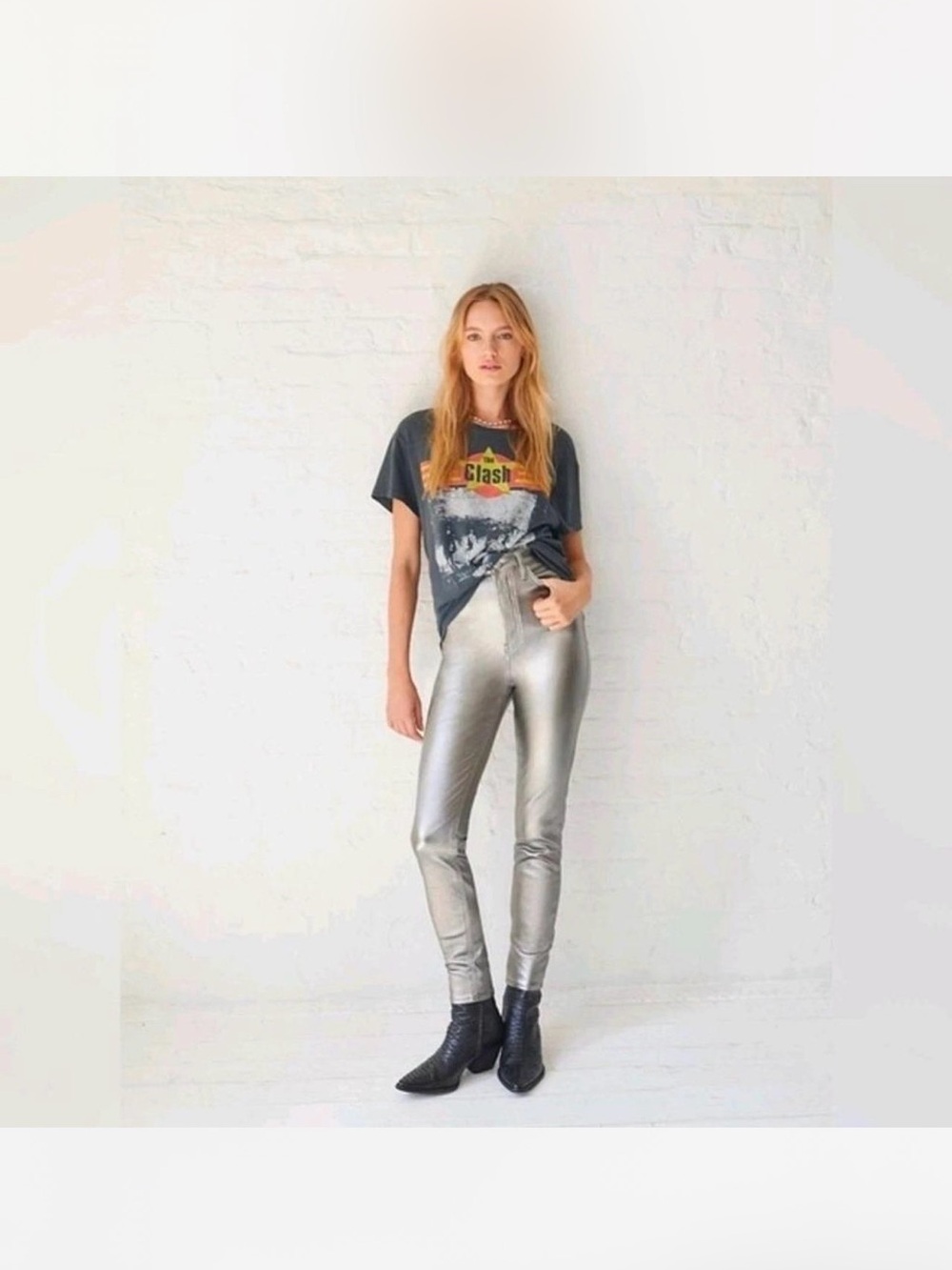 Free People Metallic Silver Skinny High-Rise Jeans